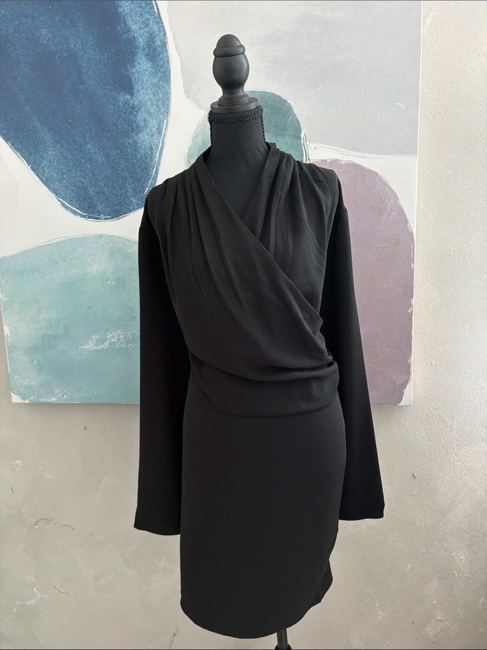 H&M Black Draped Wrap-Front Long-Sleeve Dress